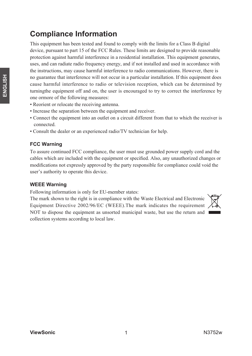 Compliance information | VIEWSONIC N3752w User Manual | Page 3 / 40