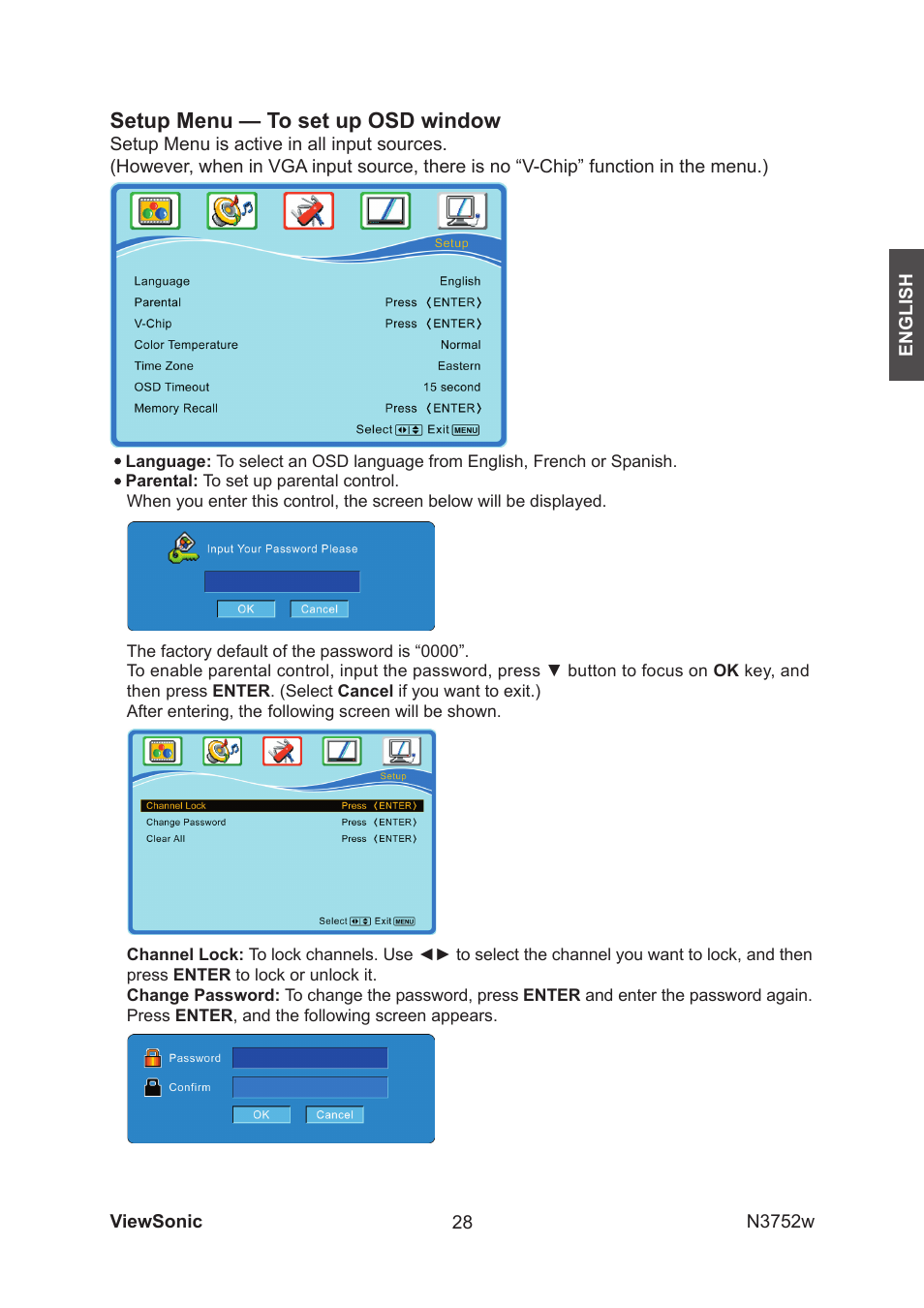 Setup menu — to set up osd window | VIEWSONIC N3752w User Manual | Page 30 / 40