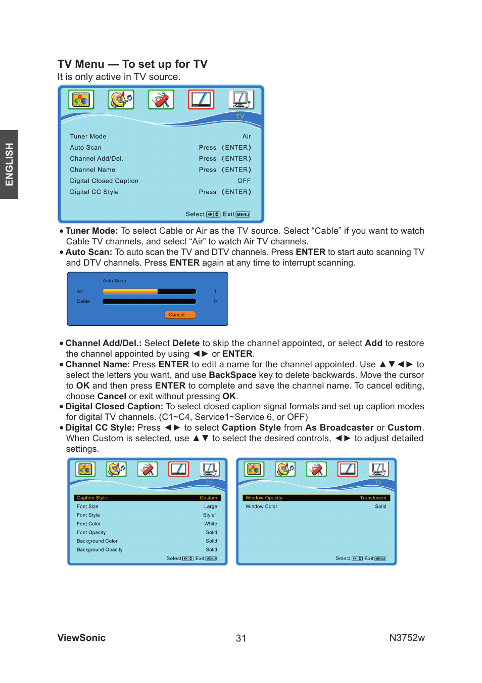 Tv menu — to set up for tv | VIEWSONIC N3752w User Manual | Page 33 / 40