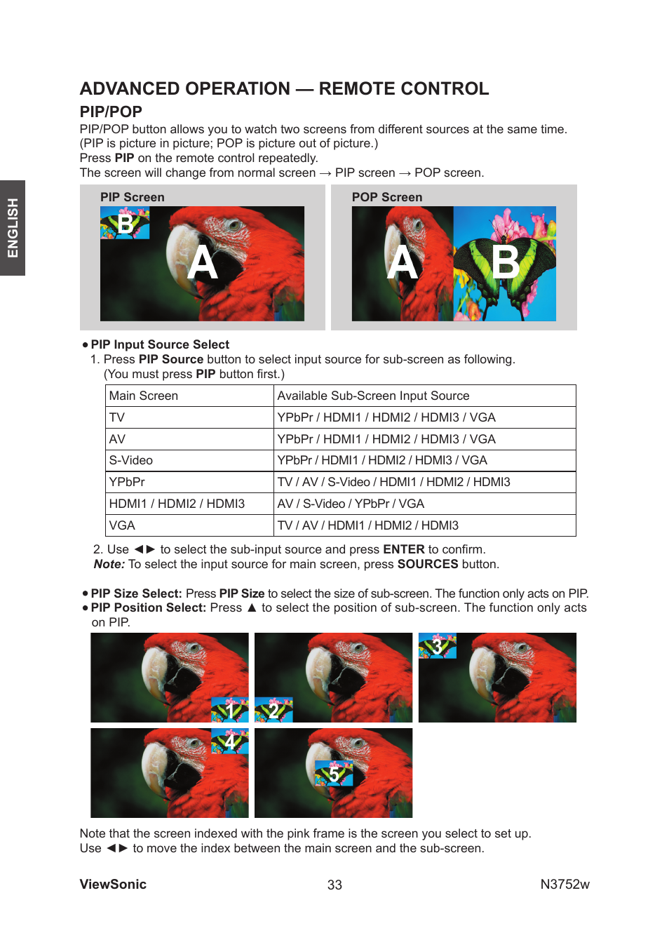 Advanced operation — remote control, Pip/pop | VIEWSONIC N3752w User Manual | Page 35 / 40