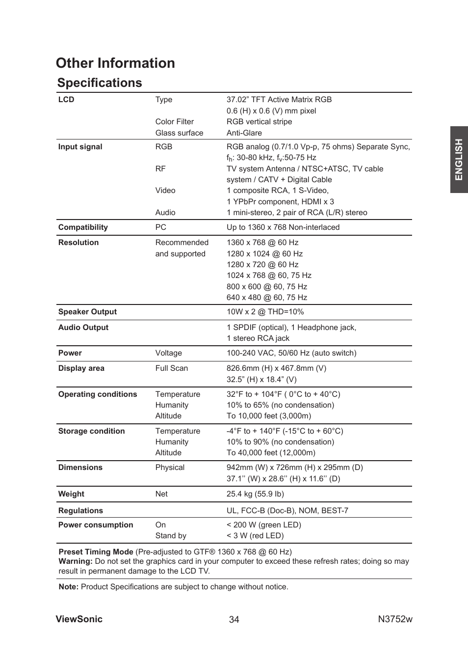 Other information, Speciﬁcations | VIEWSONIC N3752w User Manual | Page 36 / 40