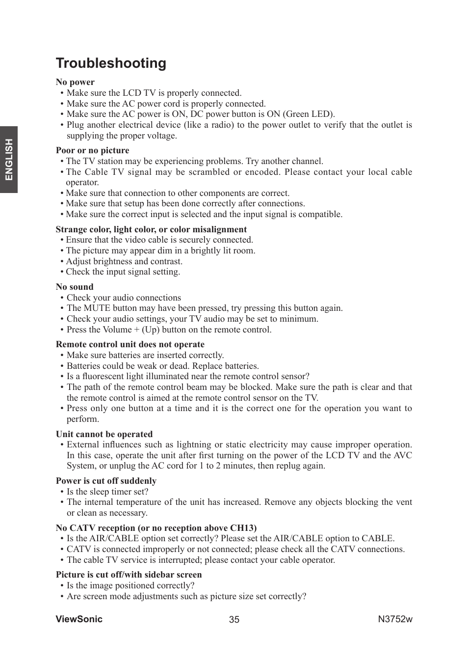 Troubleshooting | VIEWSONIC N3752w User Manual | Page 37 / 40