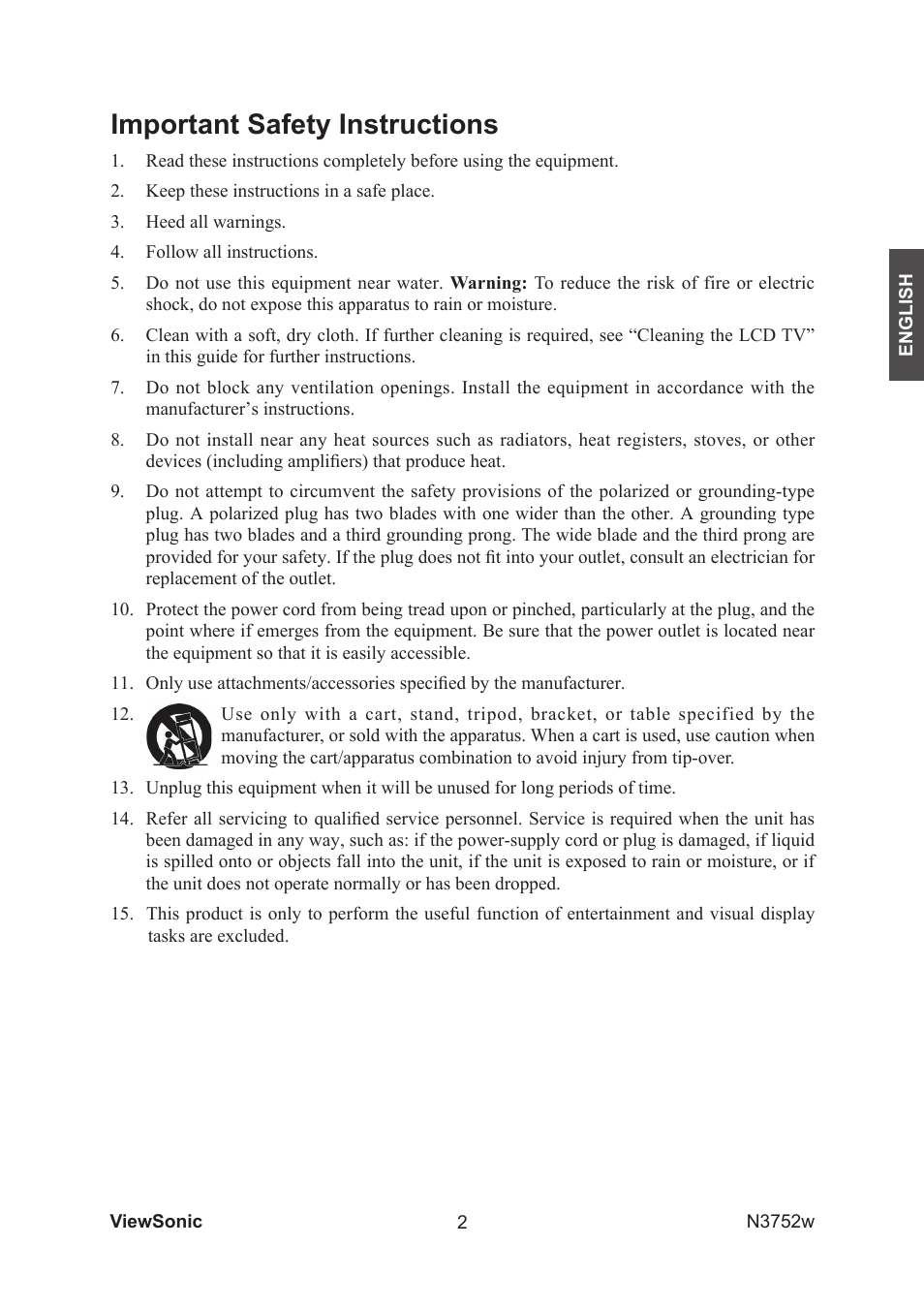 Important safety instructions | VIEWSONIC N3752w User Manual | Page 4 / 40