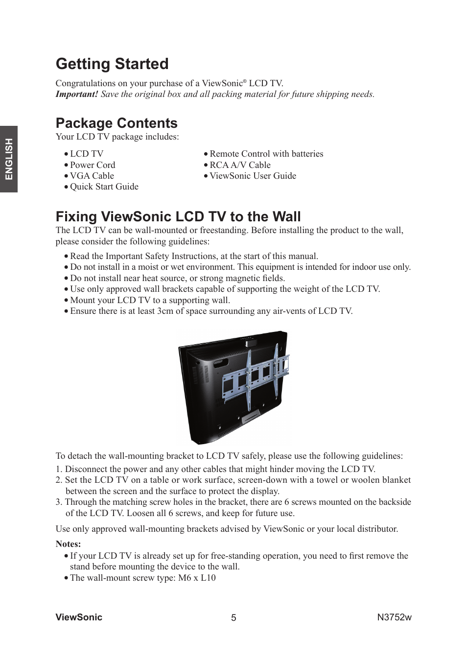 Getting started, Package contents, Fixing viewsonic lcd tv to the wall | VIEWSONIC N3752w User Manual | Page 7 / 40