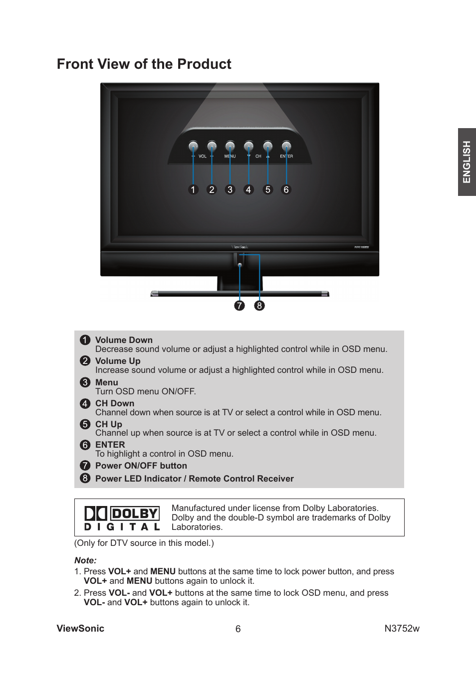 Front view of the product | VIEWSONIC N3752w User Manual | Page 8 / 40