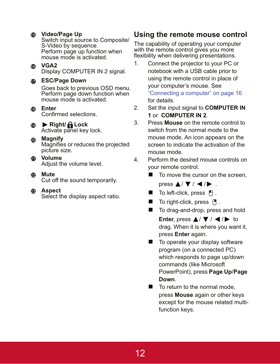 Using the remote mouse control | VIEWSONIC PJD5123 User Manual | Page 15 / 53