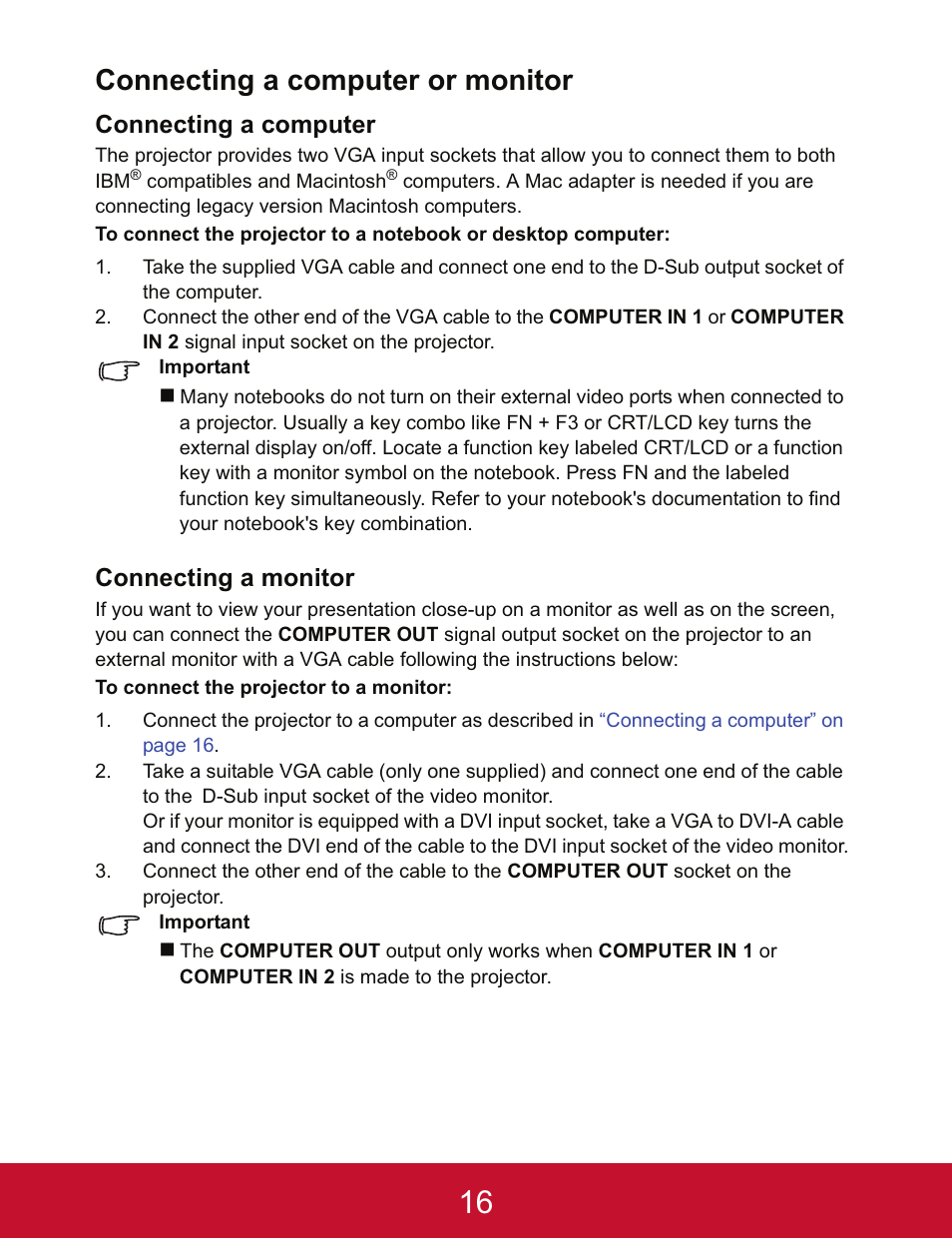 Connecting a computer or monitor, Connecting a computer, Connecting a monitor | VIEWSONIC PJD5123 User Manual | Page 19 / 53