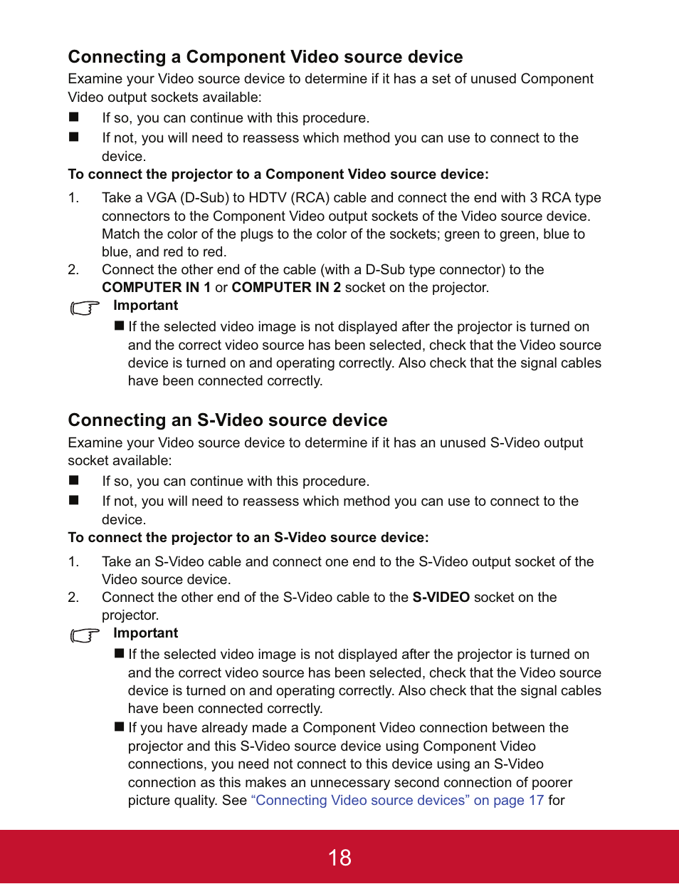 Connecting a component video source device, Connecting an s-video source device | VIEWSONIC PJD5123 User Manual | Page 21 / 53