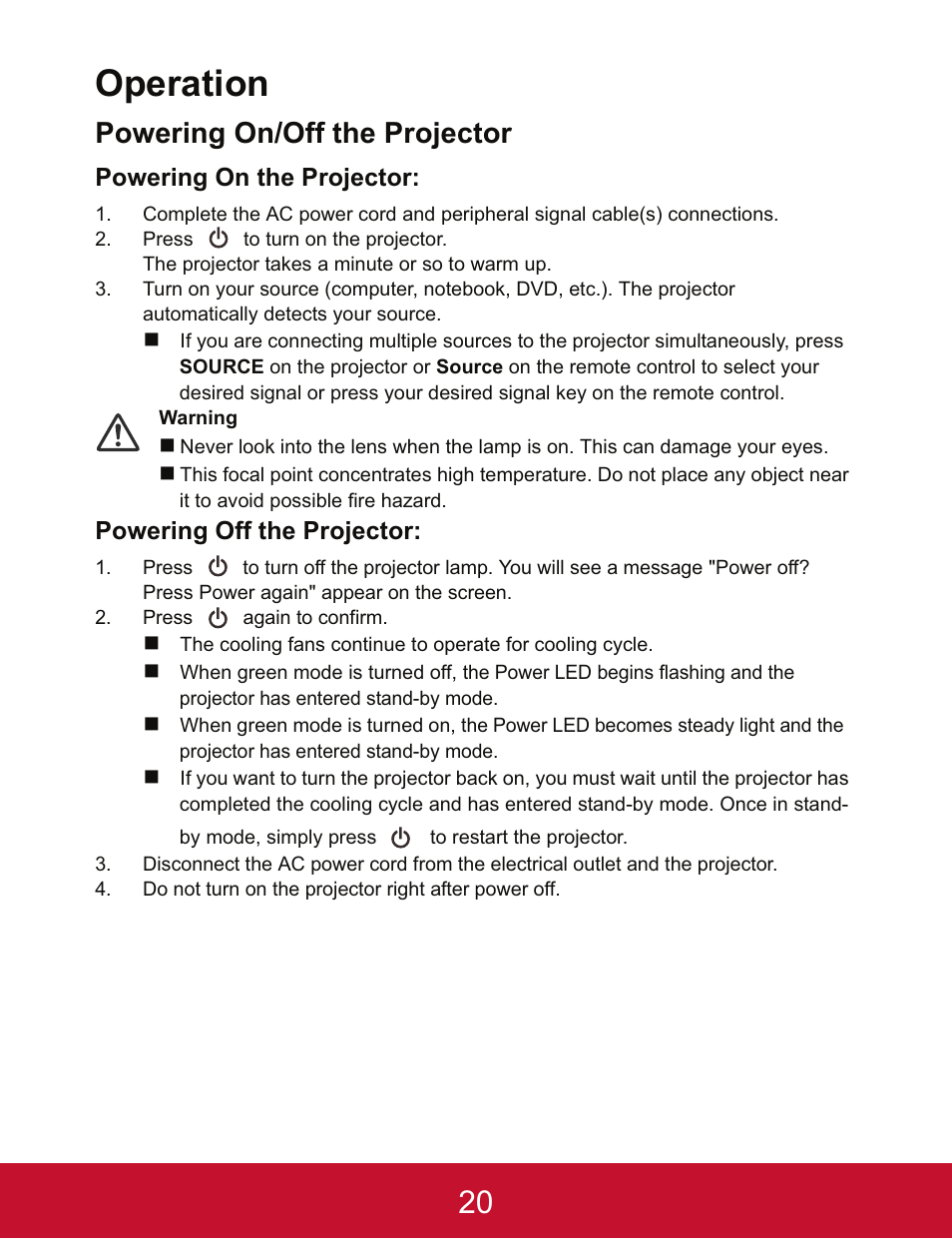 Operation, Powering on/off the projector, Powering on the projector | Powering off the projector | VIEWSONIC PJD5123 User Manual | Page 23 / 53