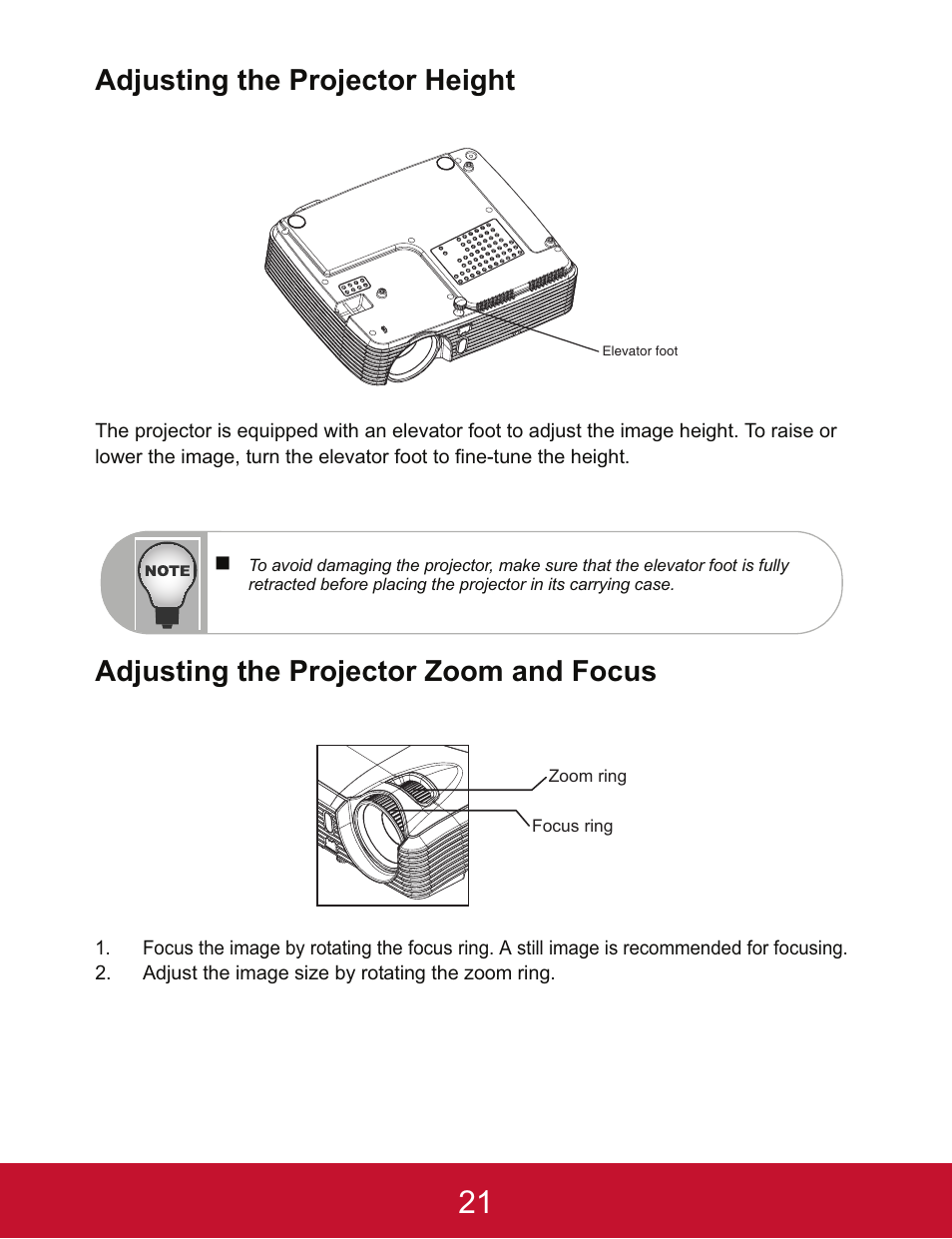 Adjusting the projector height, Adjusting the projector zoom and focus | VIEWSONIC PJD5123 User Manual | Page 24 / 53