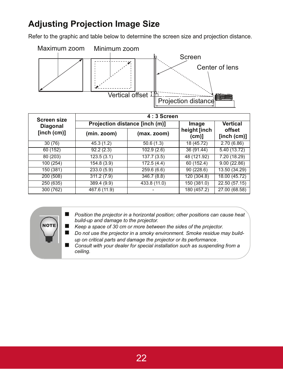 Adjusting projection image size | VIEWSONIC PJD5123 User Manual | Page 25 / 53