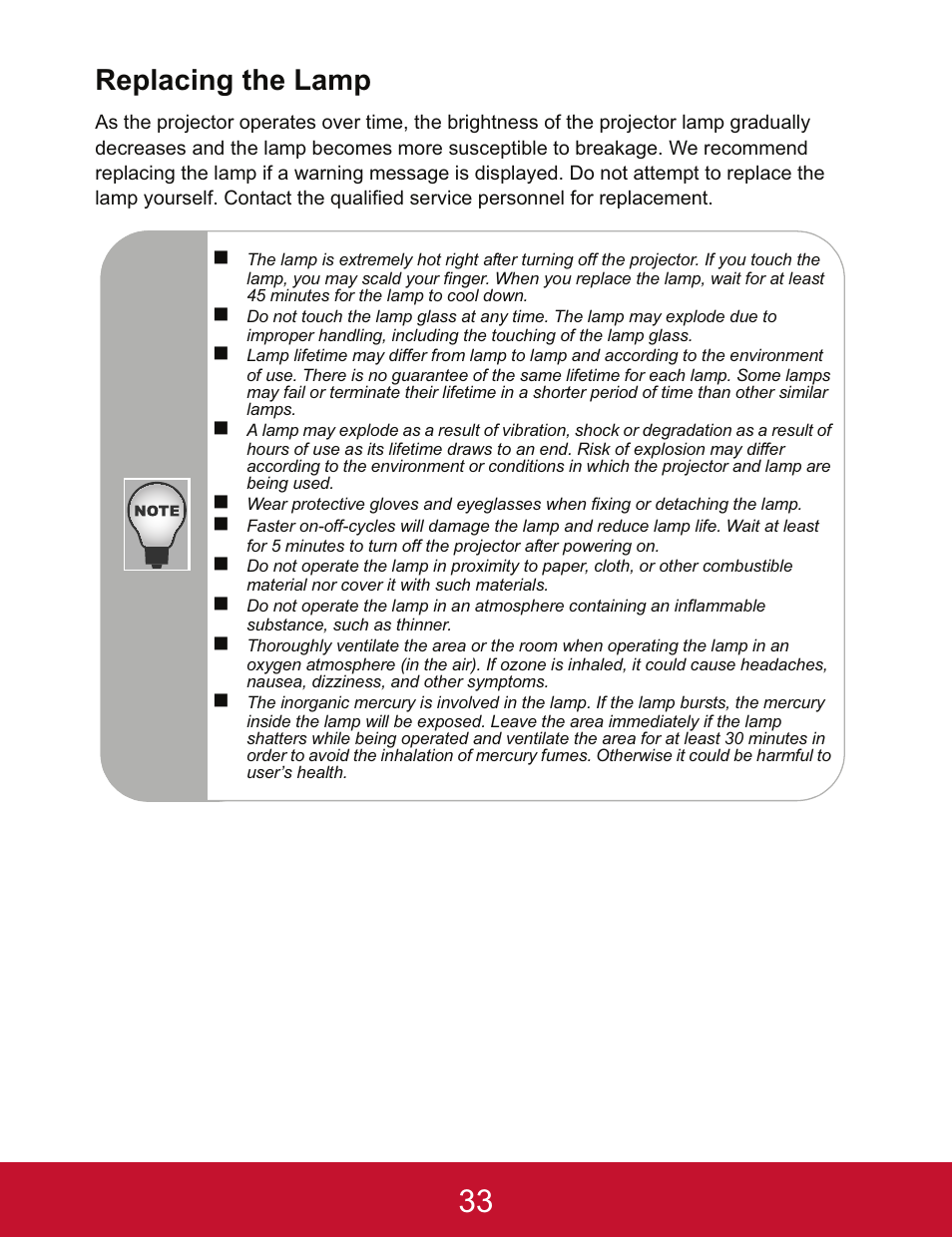Replacing the lamp | VIEWSONIC PJD5123 User Manual | Page 36 / 53