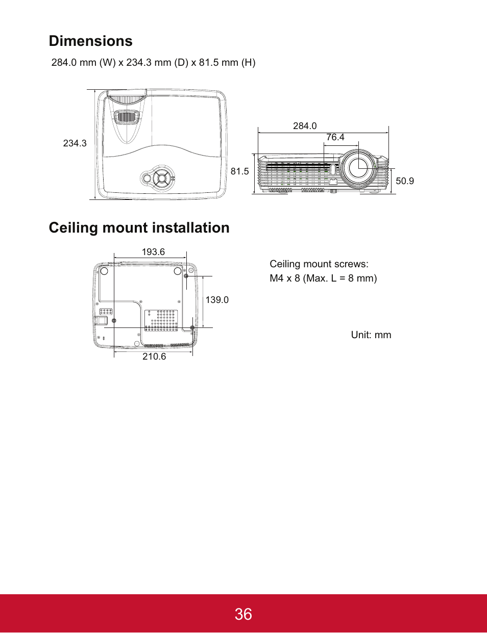 Dimensions, Ceiling mount installation | VIEWSONIC PJD5123 User Manual | Page 39 / 53