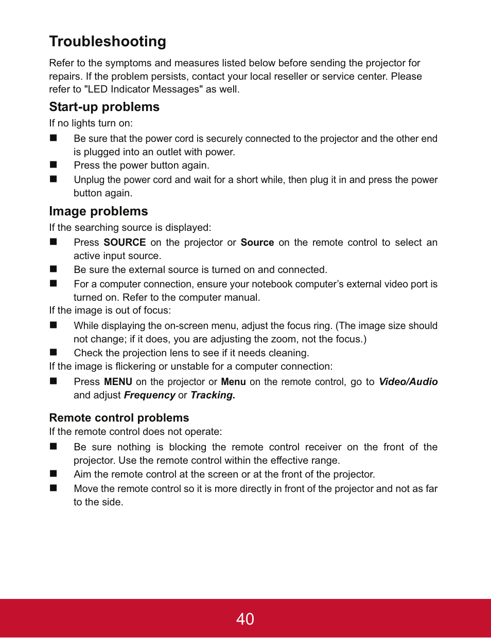 Troubleshooting, Start-up problems, Image problems | VIEWSONIC PJD5123 User Manual | Page 43 / 53