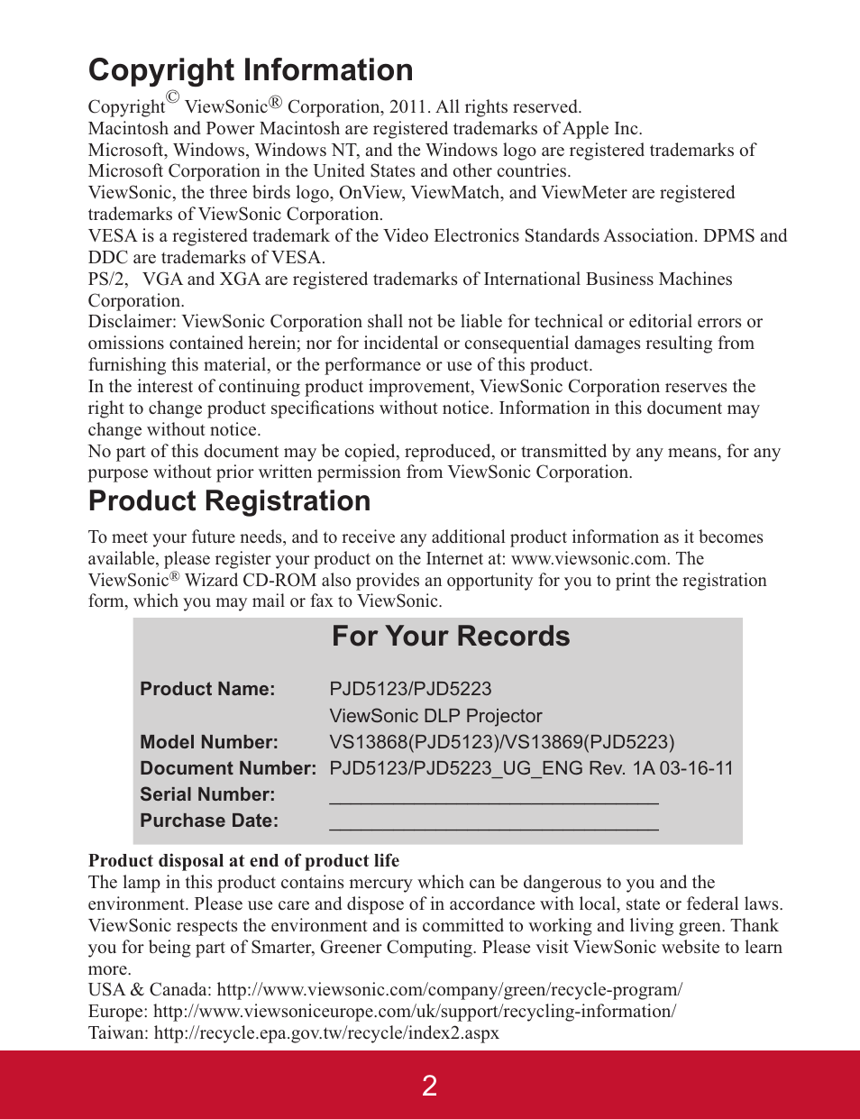 Copyright information, Product registration, For your records | VIEWSONIC PJD5123 User Manual | Page 5 / 53