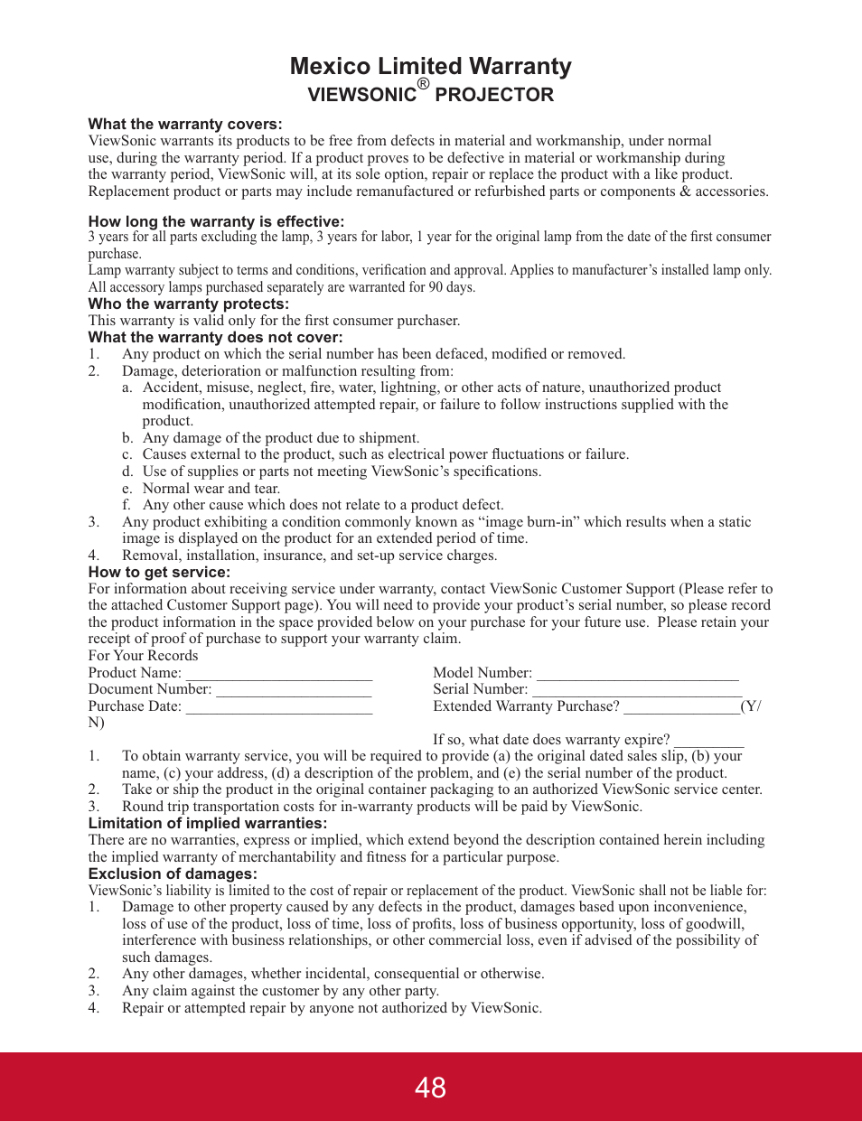 Mexico limited warranty | VIEWSONIC PJD5123 User Manual | Page 51 / 53