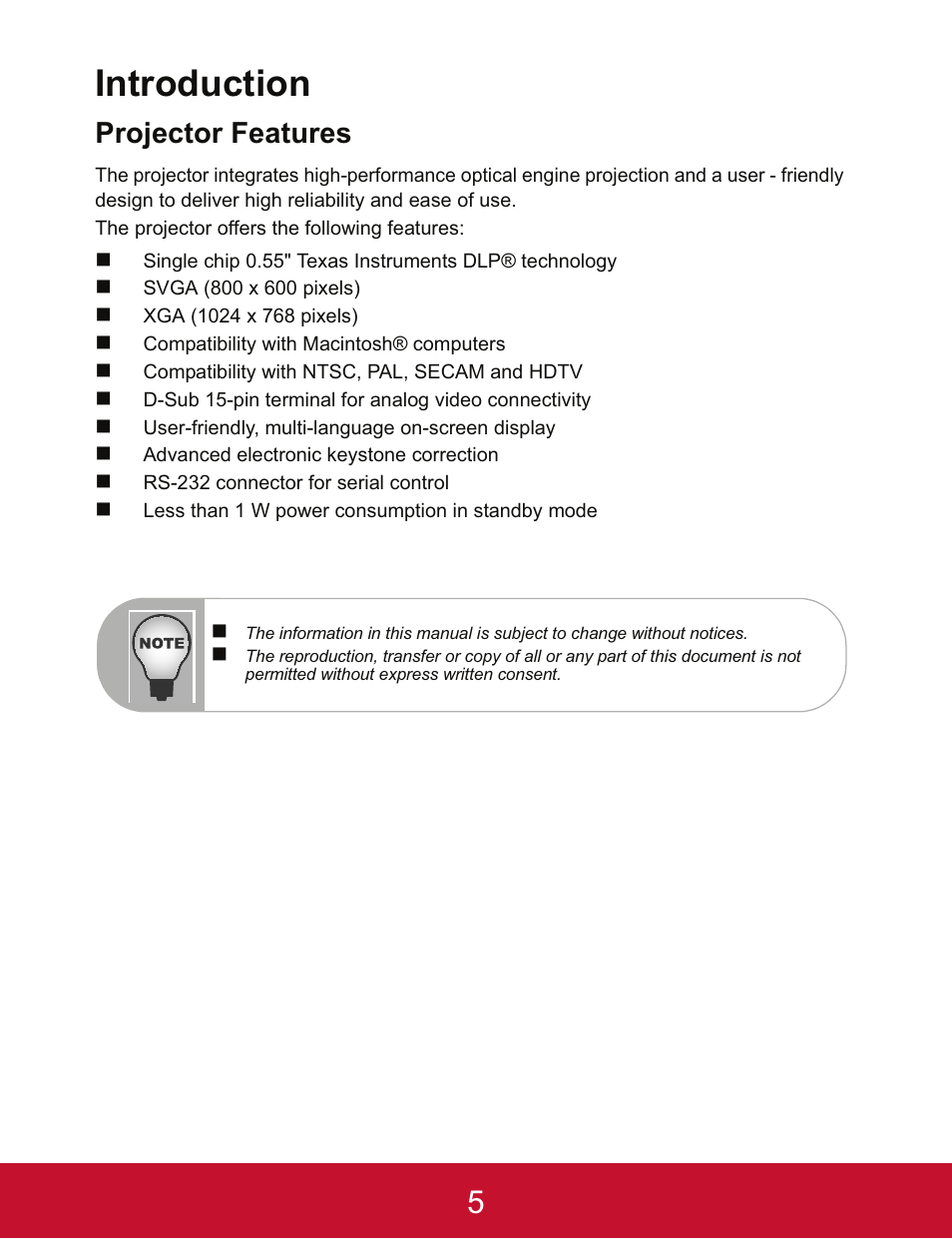 Introduction, Projector features | VIEWSONIC PJD5123 User Manual | Page 8 / 53