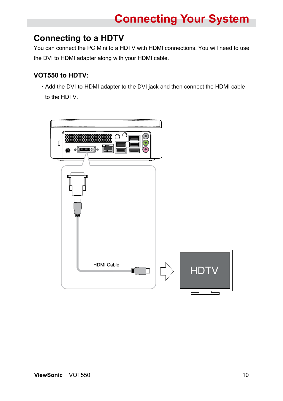 Connecting your system, Hdtv, Connecting to a hdtv | VIEWSONIC VOT550 User Manual | Page 16 / 52