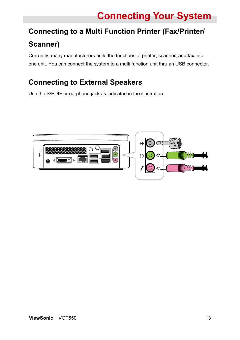 Connecting your system, Connecting to external speakers | VIEWSONIC VOT550 User Manual | Page 19 / 52