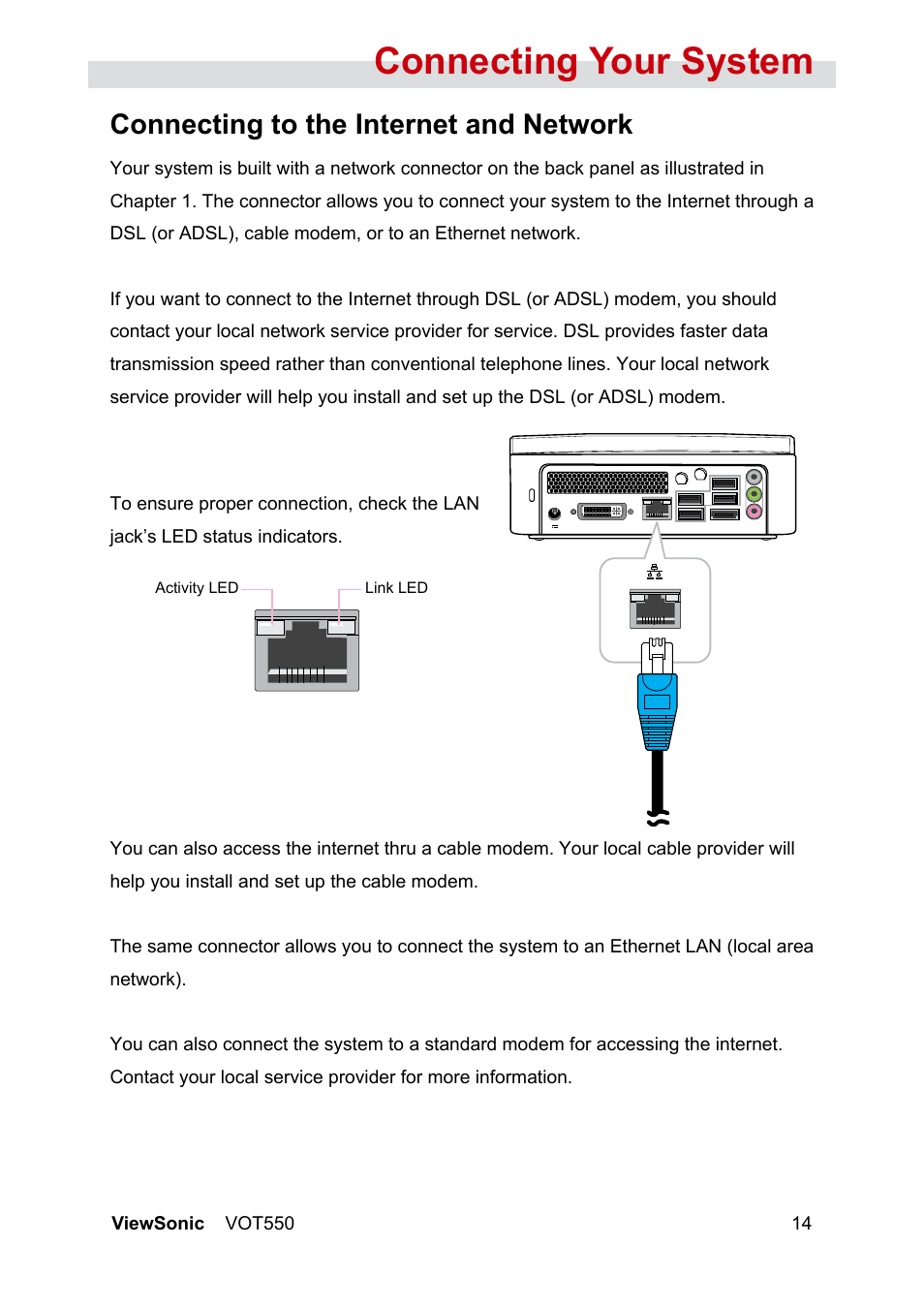 Connecting your system, Connecting to the internet and network | VIEWSONIC VOT550 User Manual | Page 20 / 52