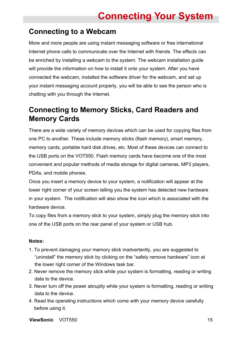 Connecting your system, Connecting to a webcam | VIEWSONIC VOT550 User Manual | Page 21 / 52