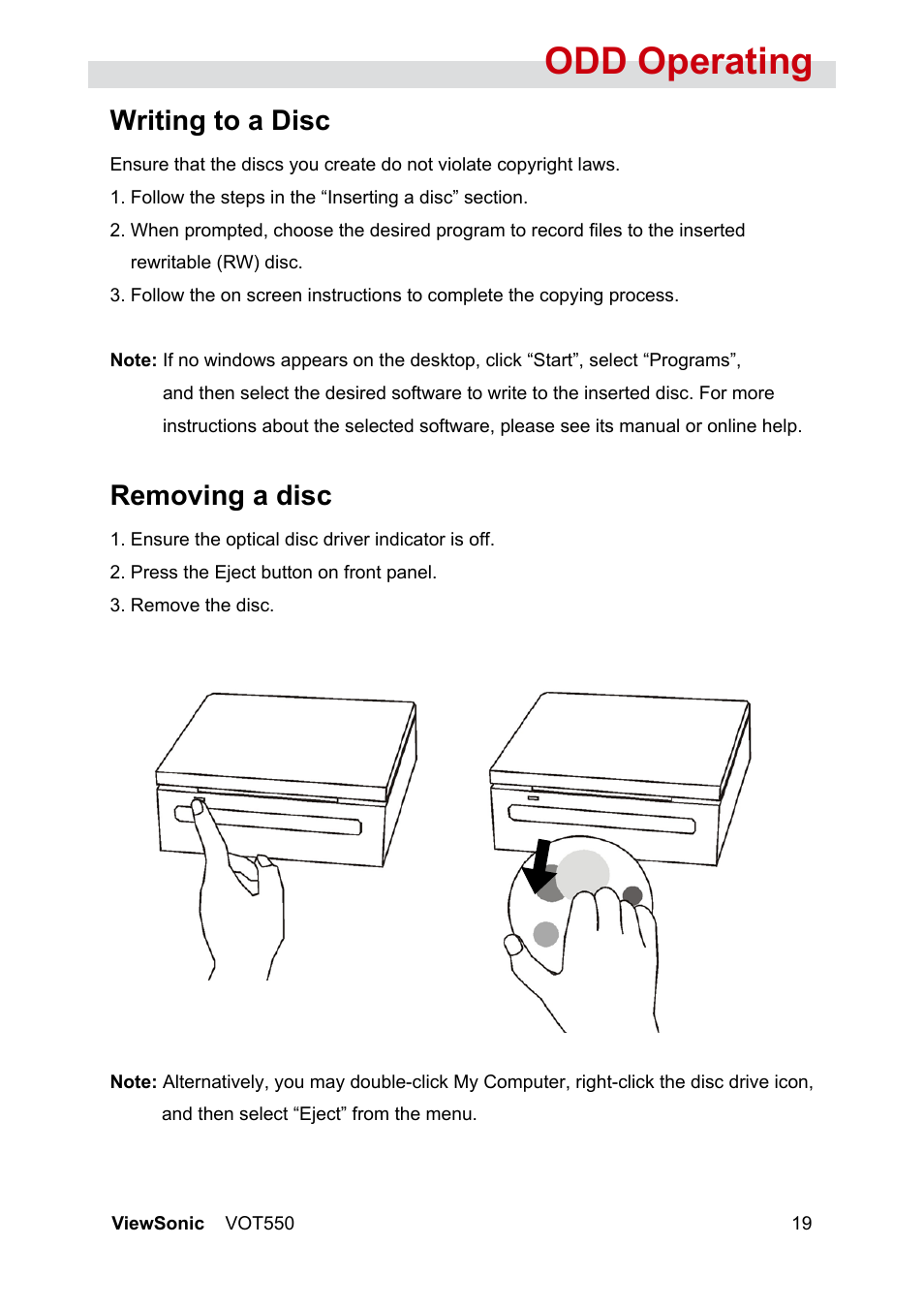 Odd operating, Writing to a disc, Removing a disc | VIEWSONIC VOT550 User Manual | Page 25 / 52