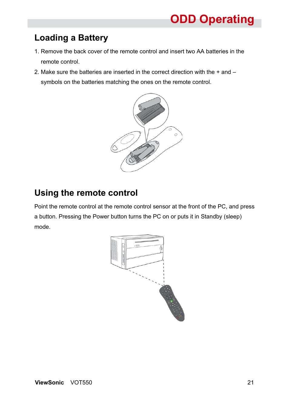 Odd operating, Loading a battery, Using the remote control | VIEWSONIC VOT550 User Manual | Page 27 / 52