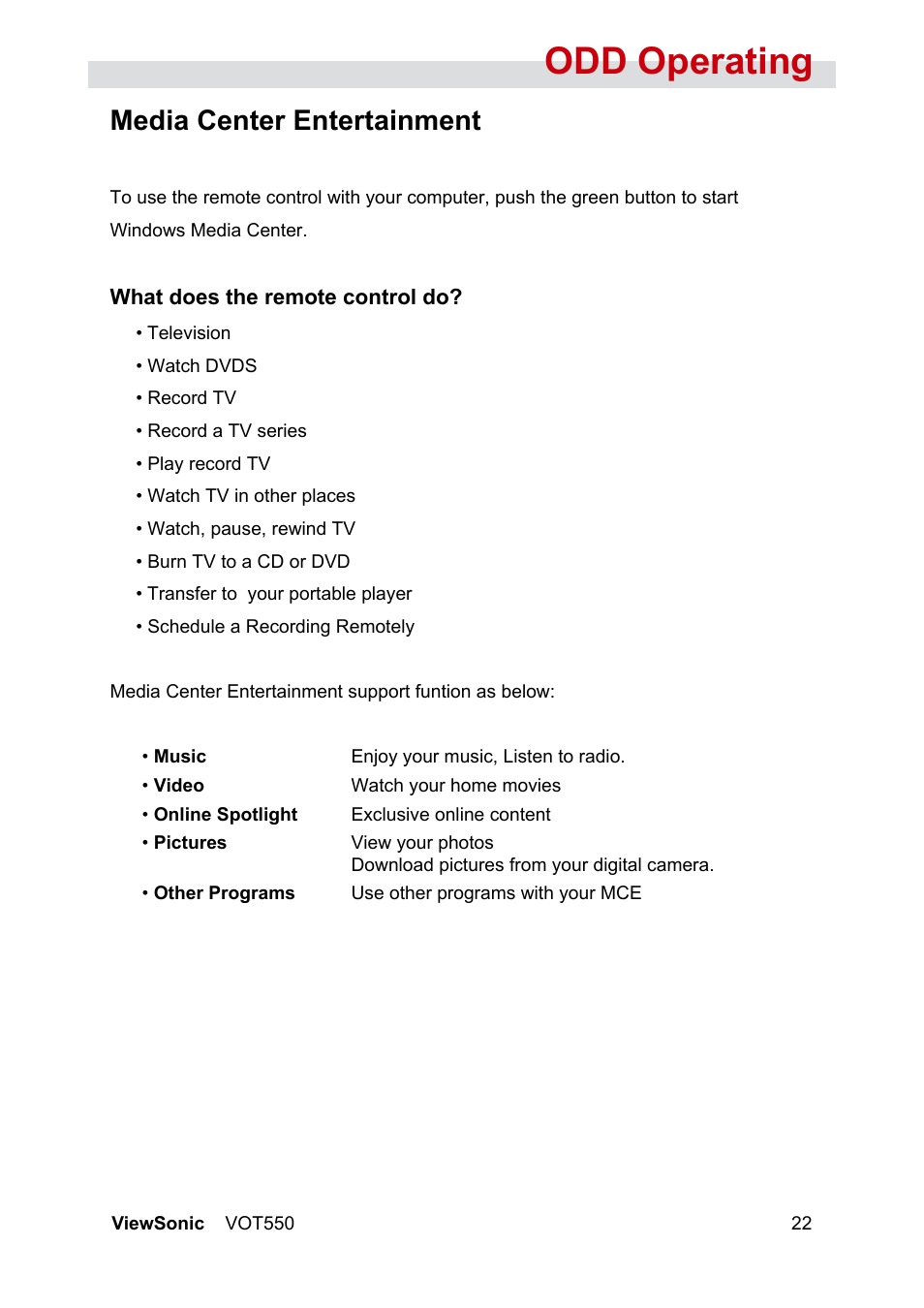 Odd operating, Media center entertainment | VIEWSONIC VOT550 User Manual | Page 28 / 52