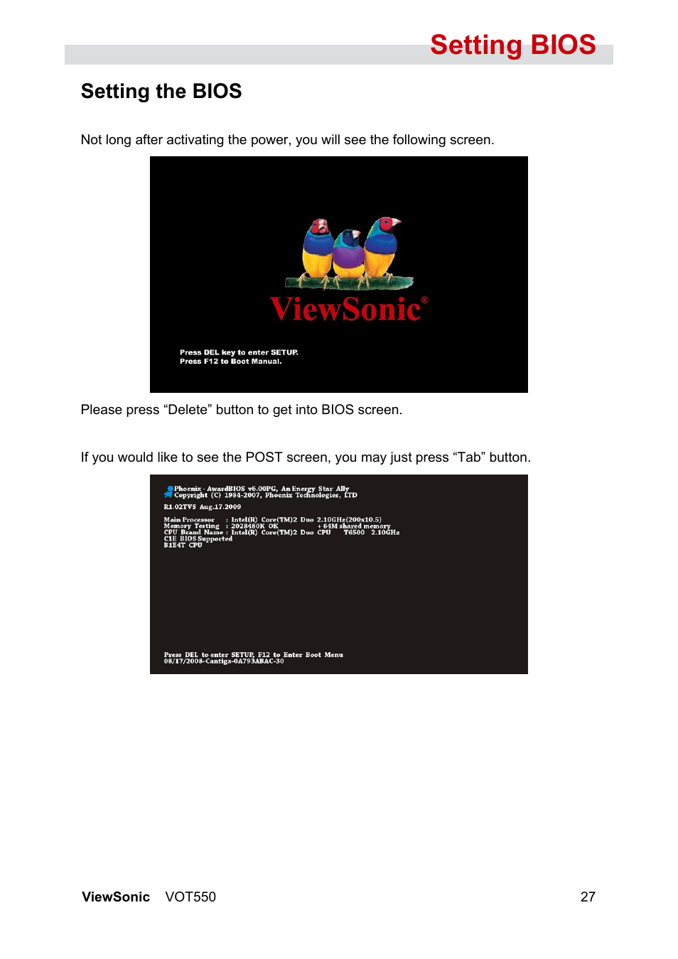 Setting bios, Setting the bios | VIEWSONIC VOT550 User Manual | Page 33 / 52
