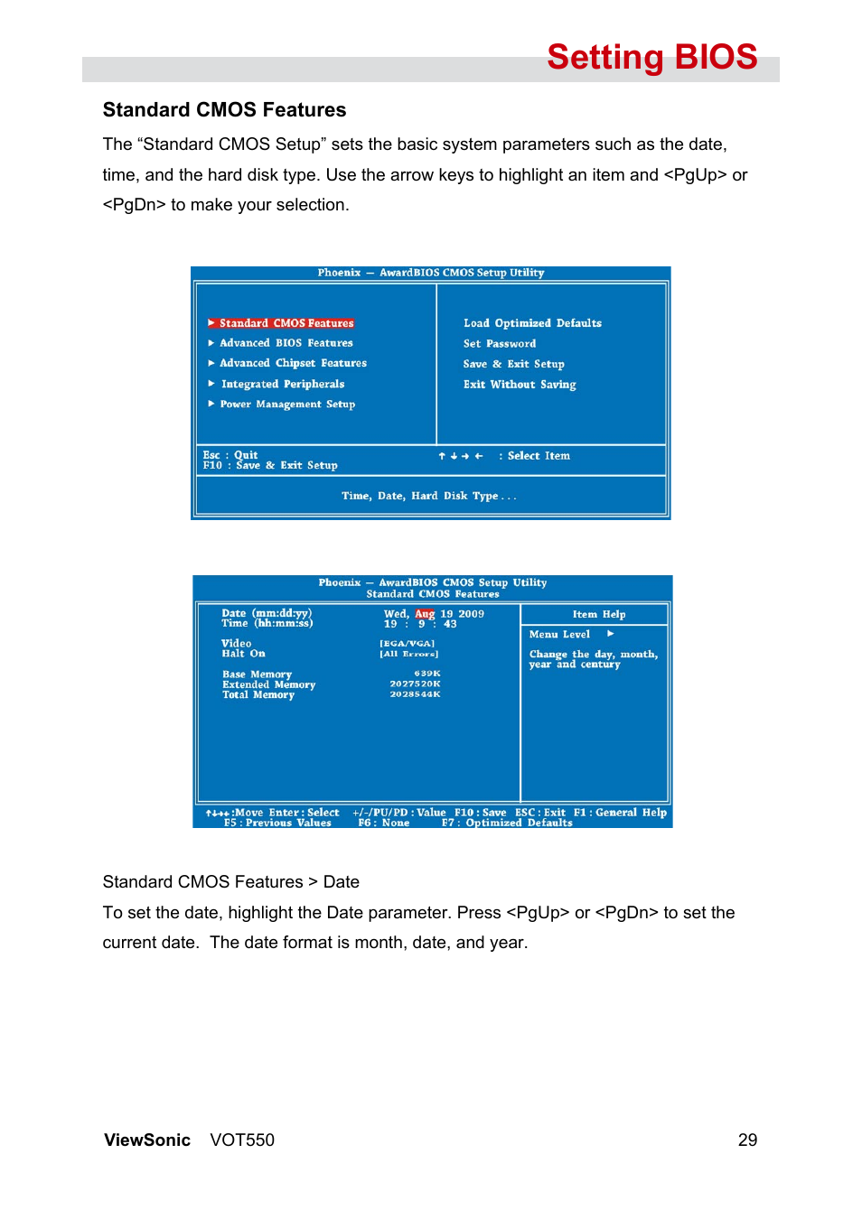Setting bios | VIEWSONIC VOT550 User Manual | Page 35 / 52