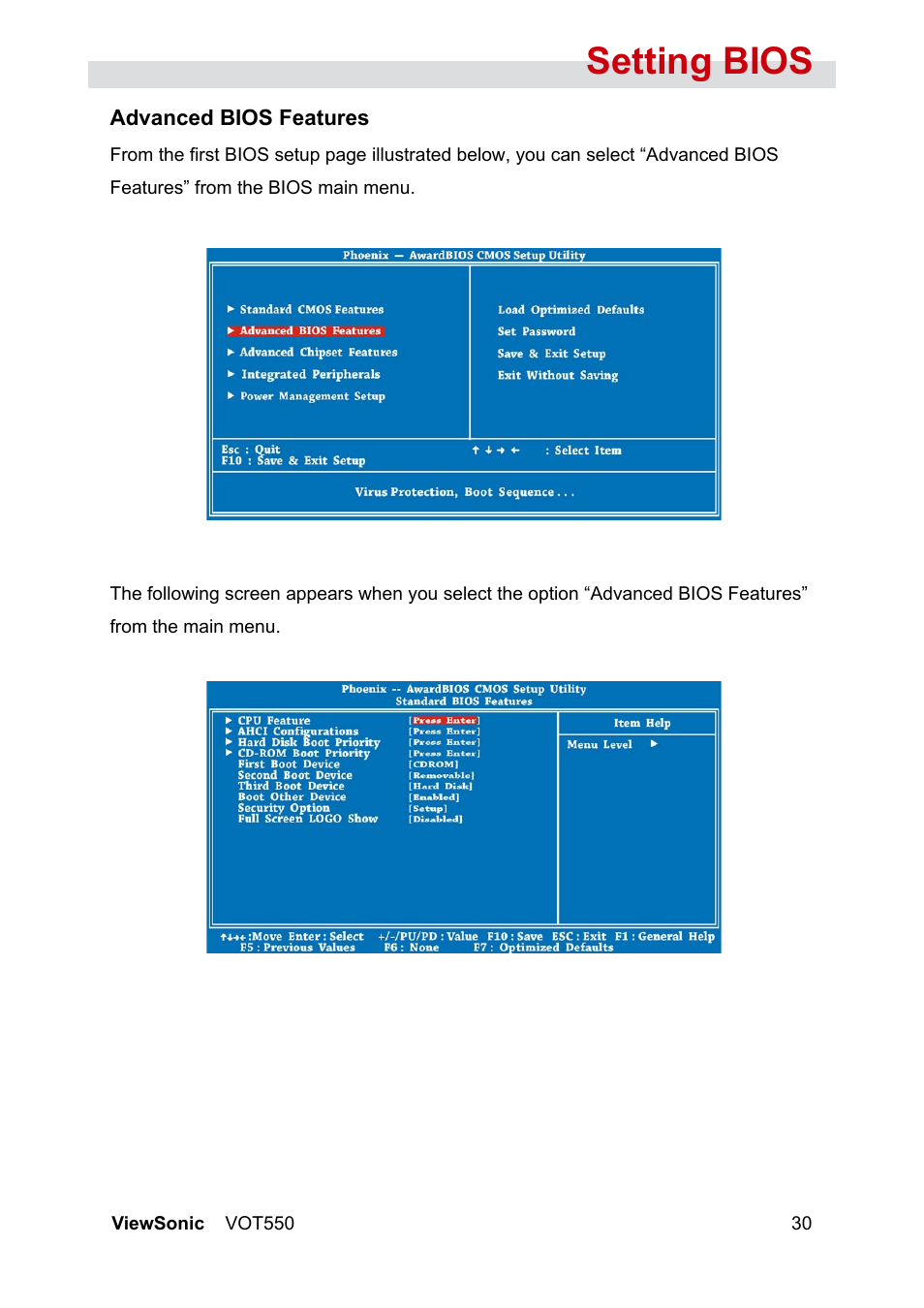 Setting bios | VIEWSONIC VOT550 User Manual | Page 36 / 52