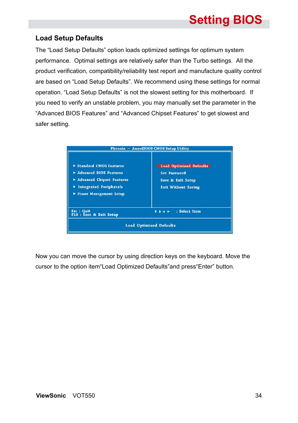 Setting bios | VIEWSONIC VOT550 User Manual | Page 40 / 52