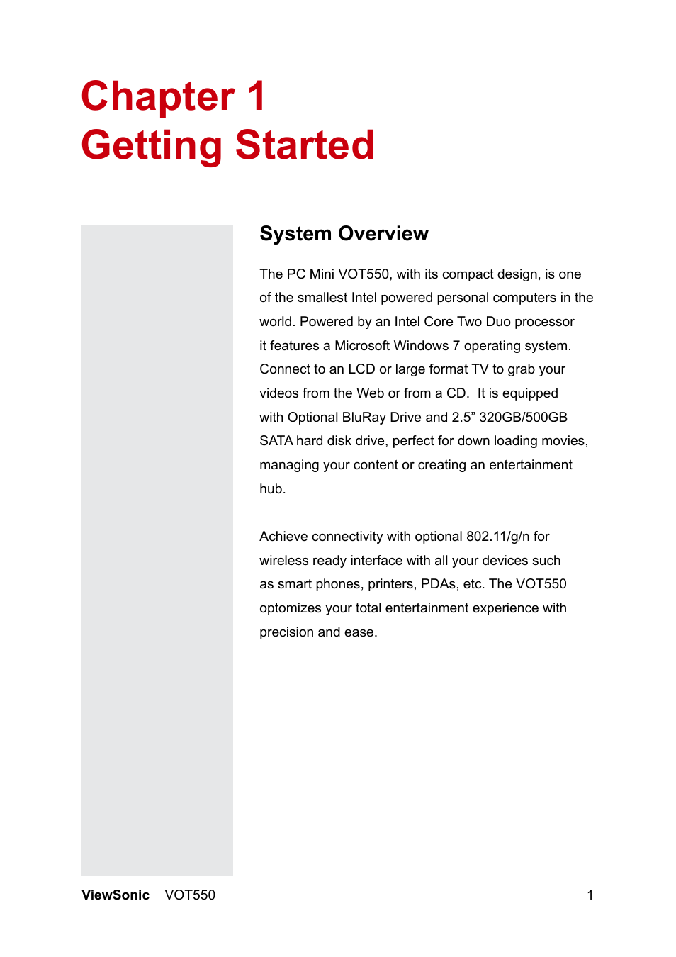 Chapter 1 getting started | VIEWSONIC VOT550 User Manual | Page 7 / 52