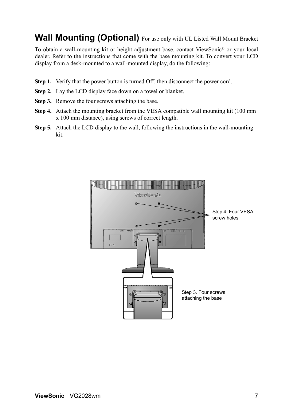 Wall mounting (optional) | VIEWSONIC LCD DISPLAY VS13390 User Manual | Page 10 / 26