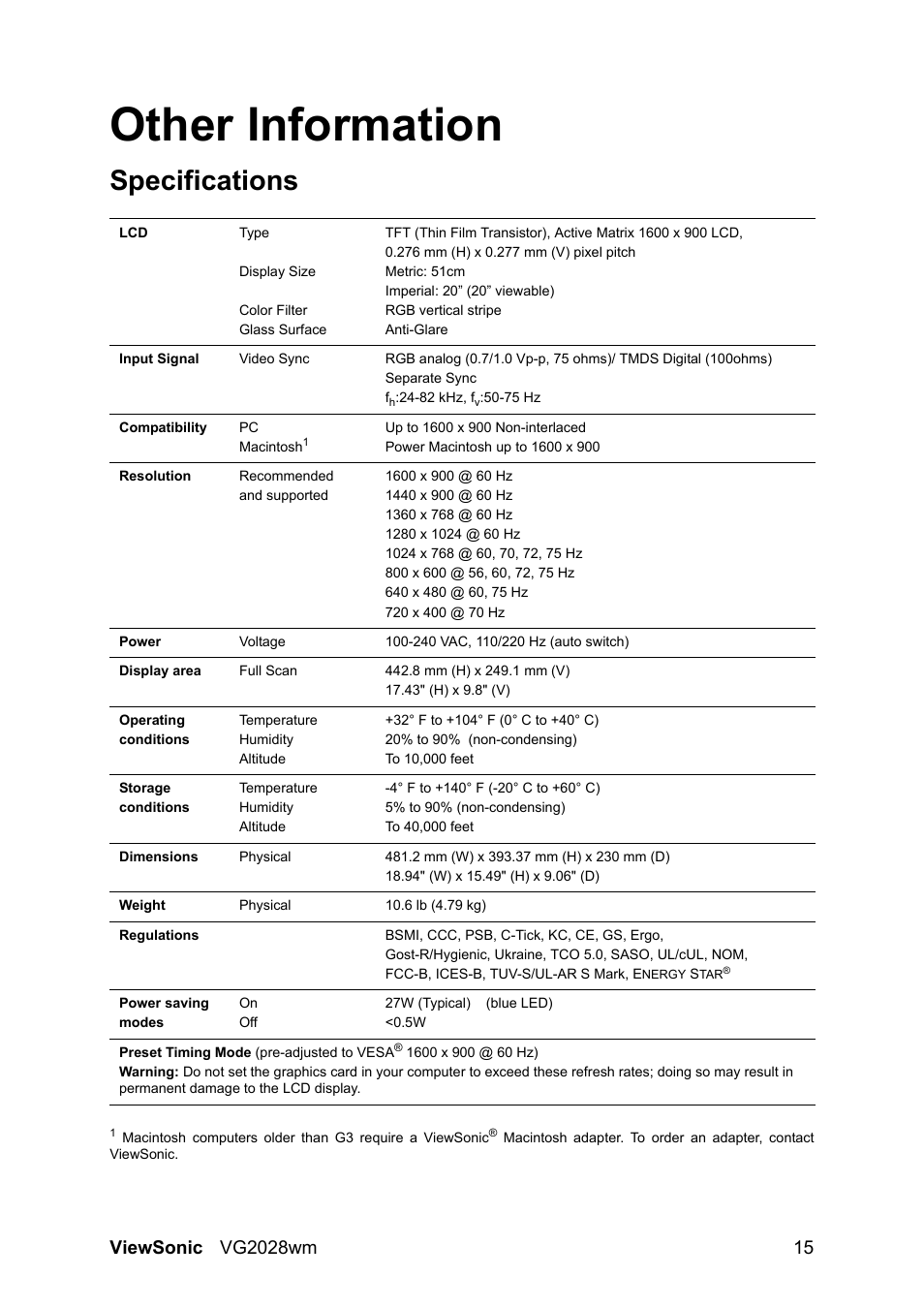 Other information, Specifications | VIEWSONIC LCD DISPLAY VS13390 User Manual | Page 18 / 26