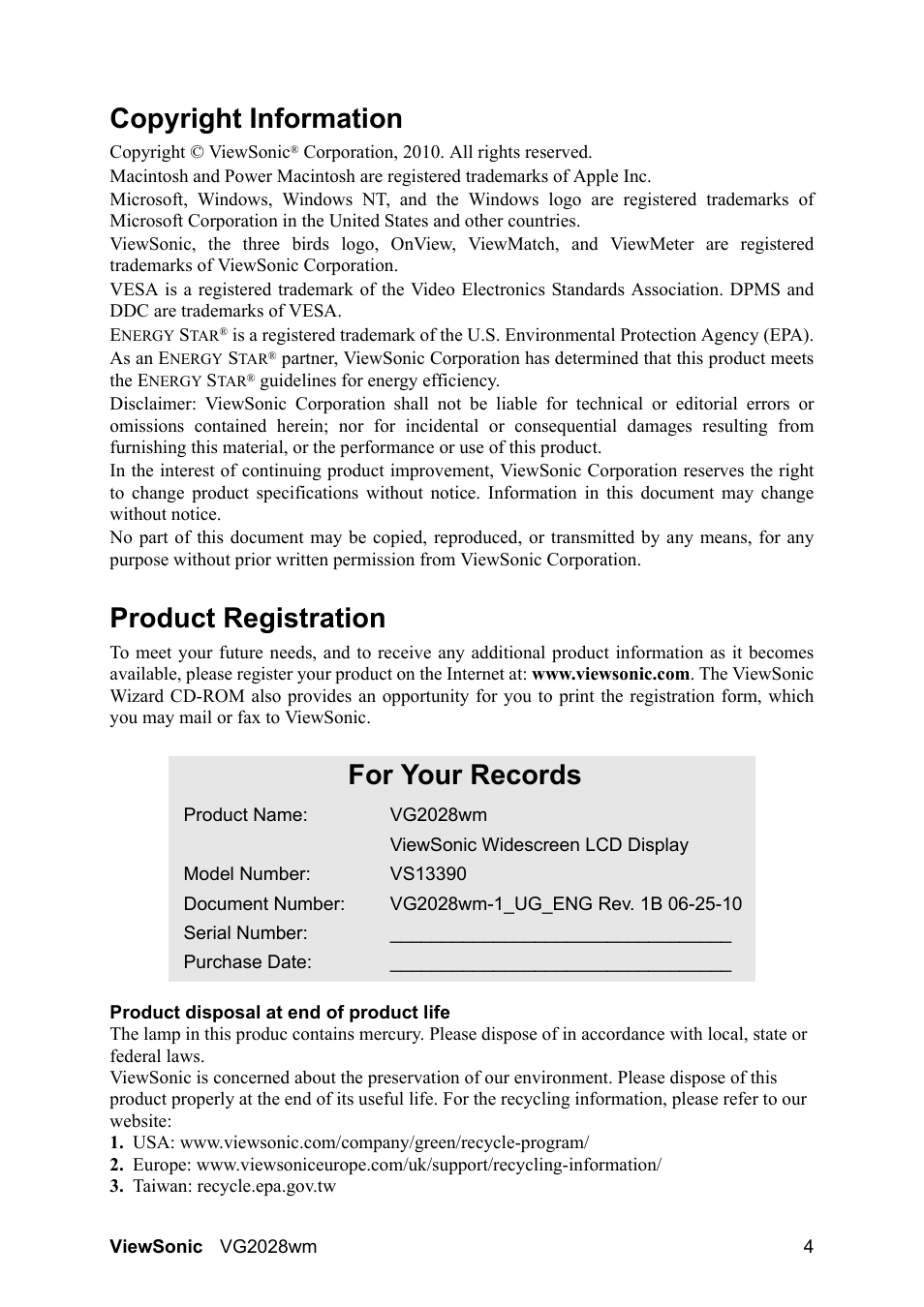 Copyright information, Product registration, For your records | VIEWSONIC LCD DISPLAY VS13390 User Manual | Page 7 / 26
