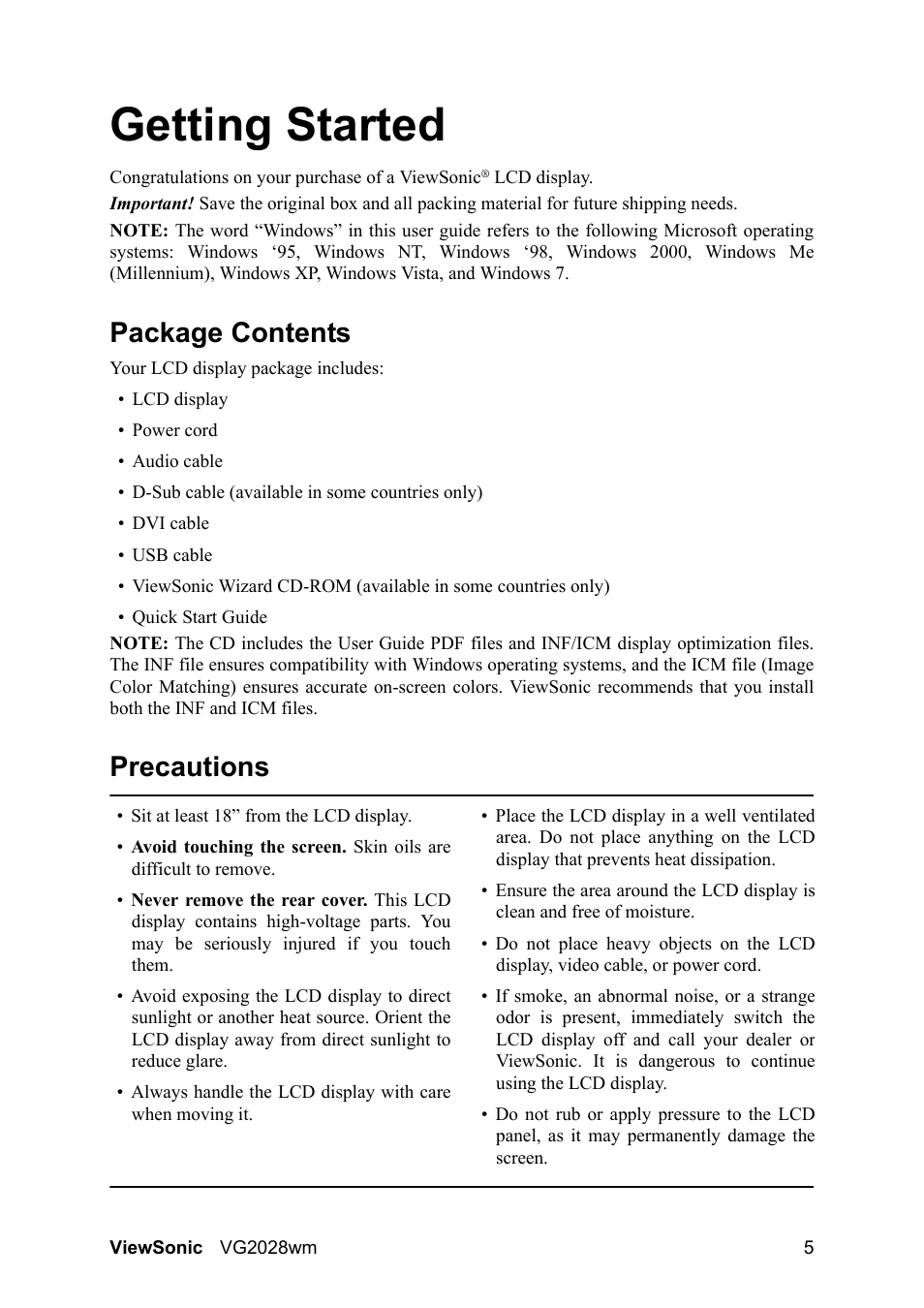 Getting started, Package contents, Precautions | VIEWSONIC LCD DISPLAY VS13390 User Manual | Page 8 / 26