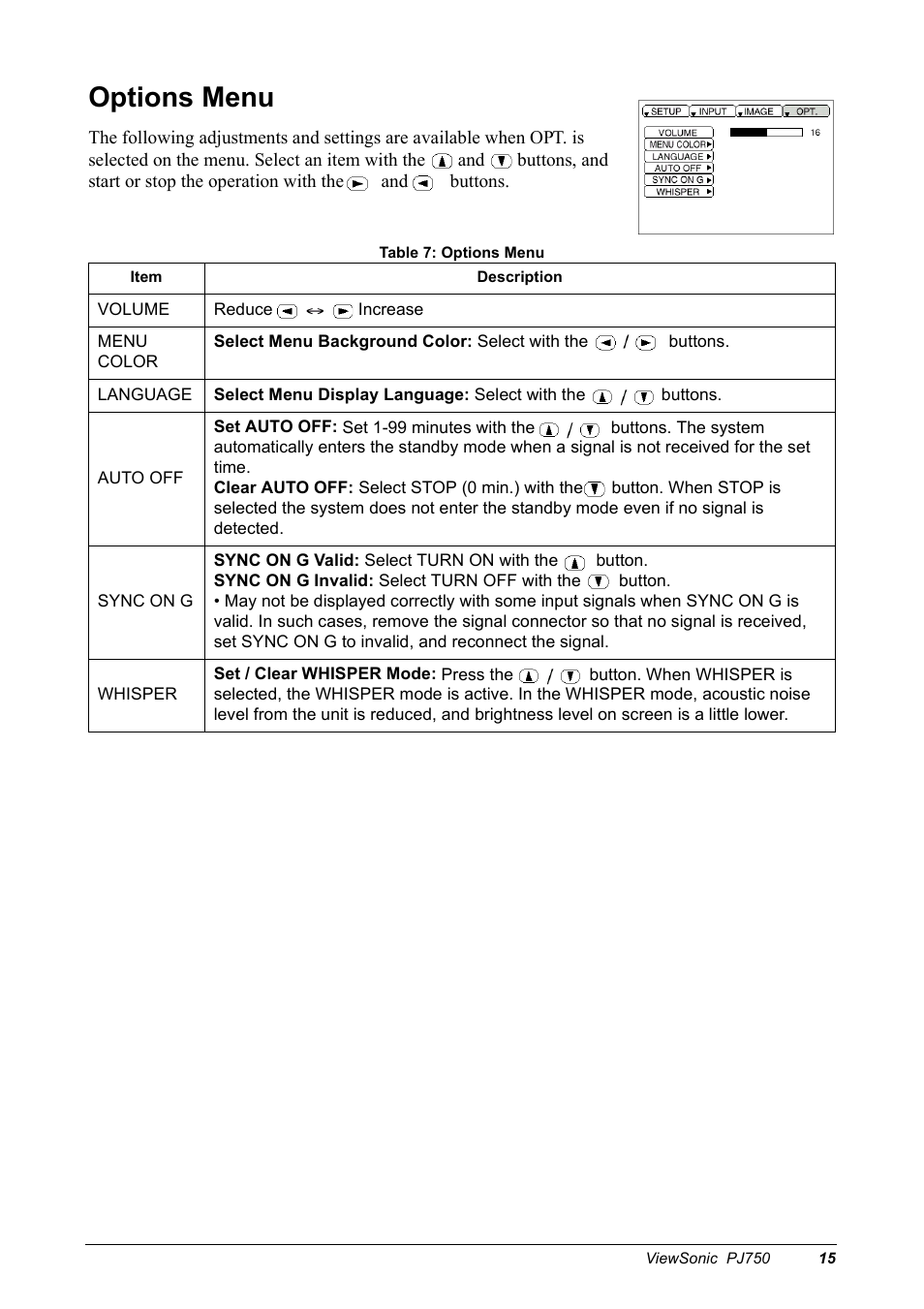 Options menu | VIEWSONIC 300 User Manual | Page 17 / 30