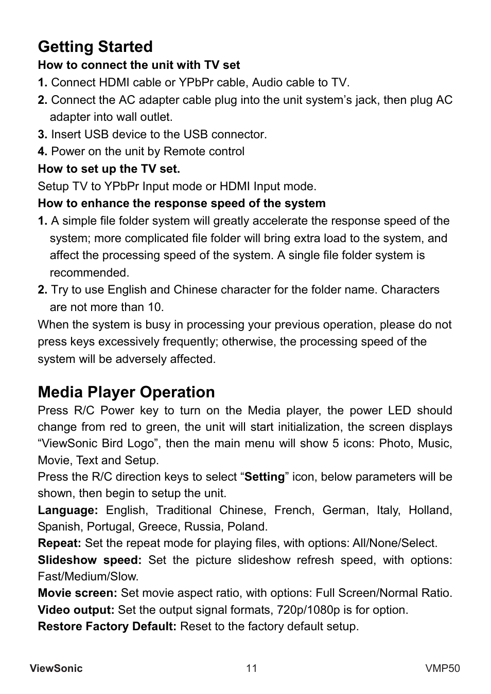 Getting started, Media player operation | VIEWSONIC VS12765 User Manual | Page 12 / 20