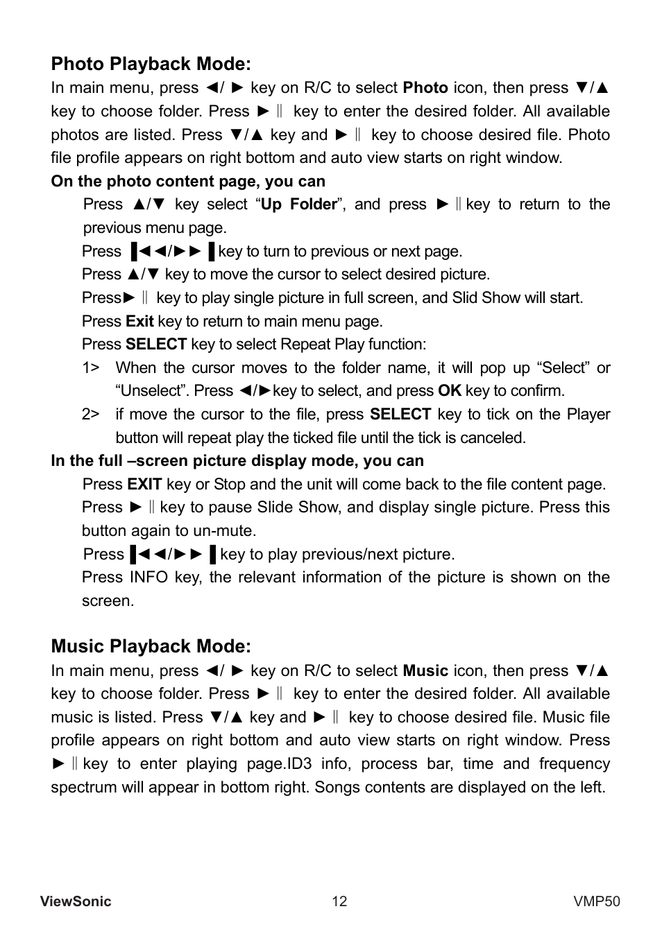 Photo playback mode, Music playback mode | VIEWSONIC VS12765 User Manual | Page 13 / 20