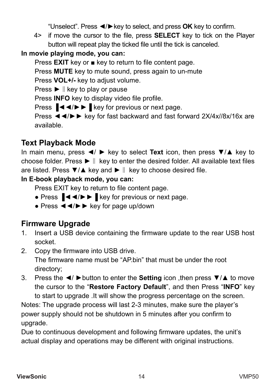 Text playback mode, Firmware upgrade | VIEWSONIC VS12765 User Manual | Page 15 / 20