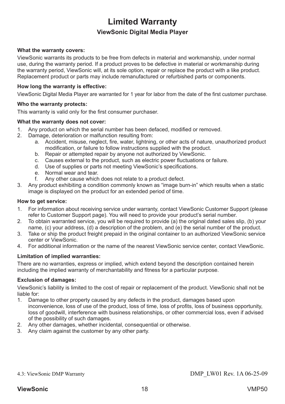 Limited warranty | VIEWSONIC VS12765 User Manual | Page 19 / 20