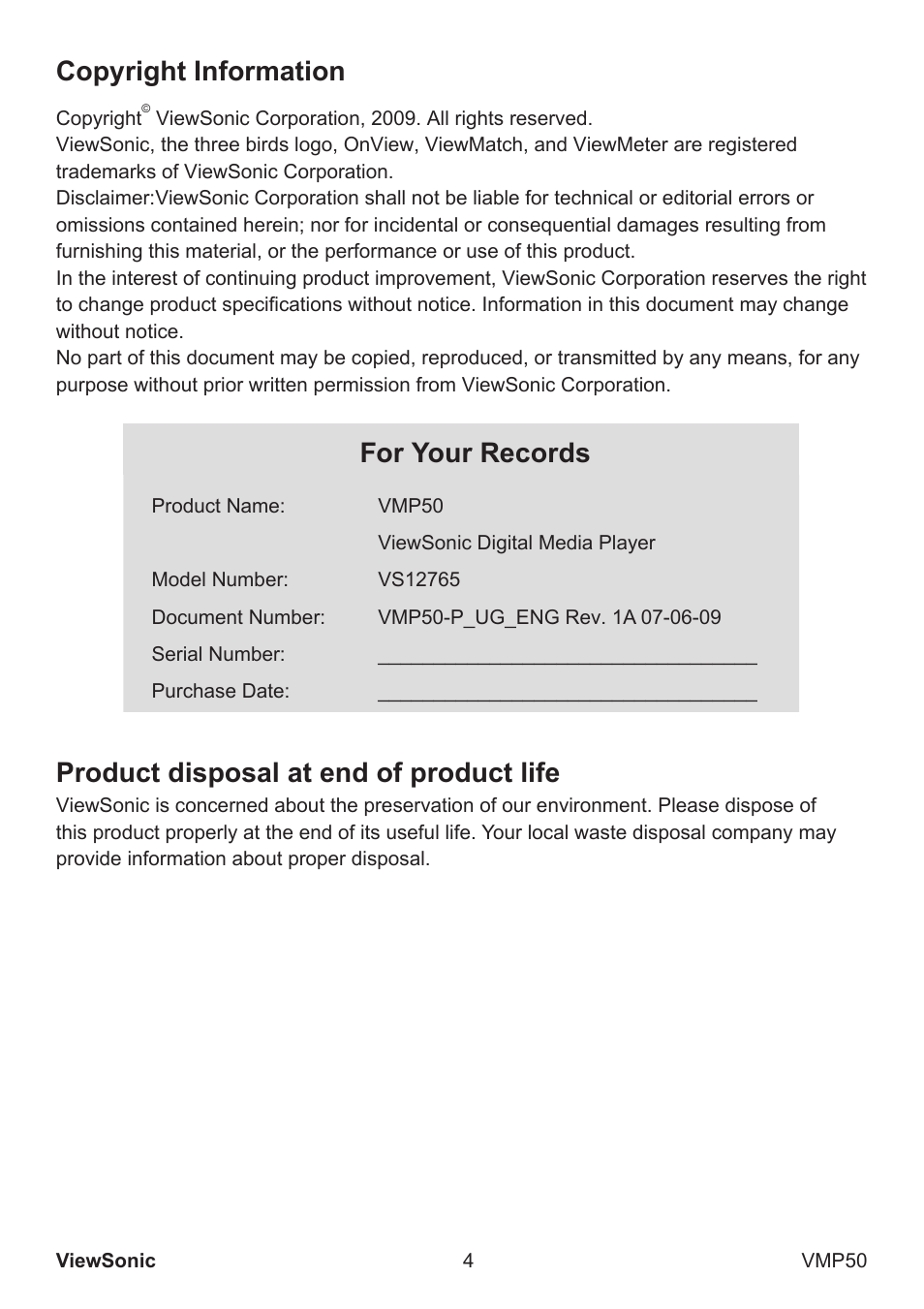 Copyright information, For your records, Product disposal at end of product life | VIEWSONIC VS12765 User Manual | Page 5 / 20