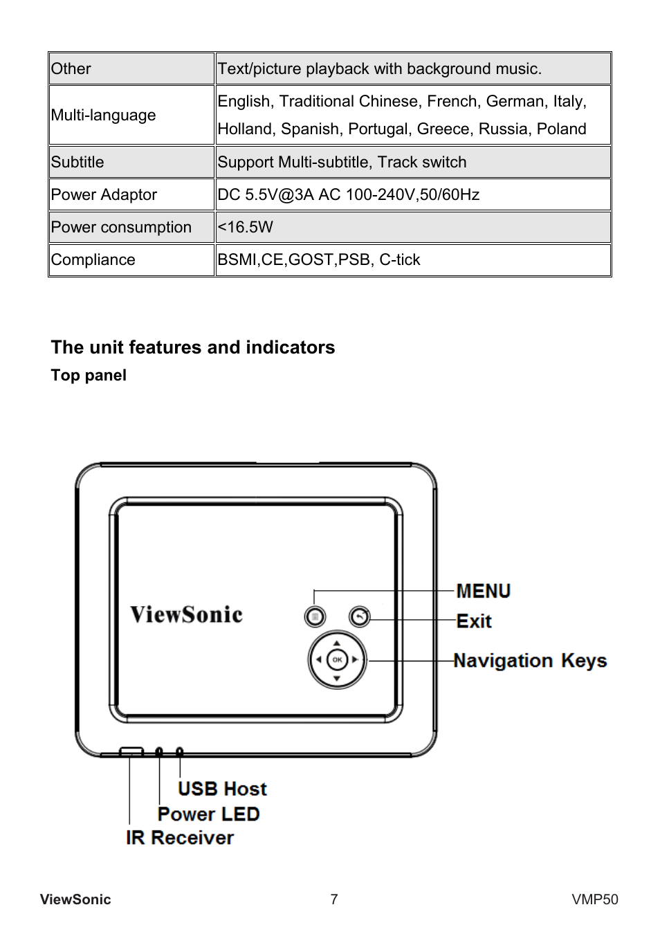 The unit features and indicators | VIEWSONIC VS12765 User Manual | Page 8 / 20