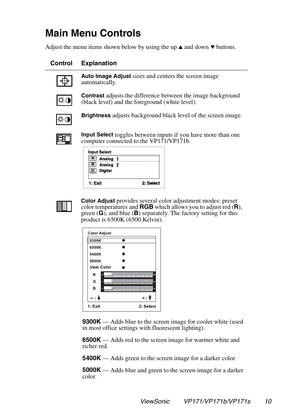 Main menu controls | VIEWSONIC VP171 User Manual | Page 11 / 22
