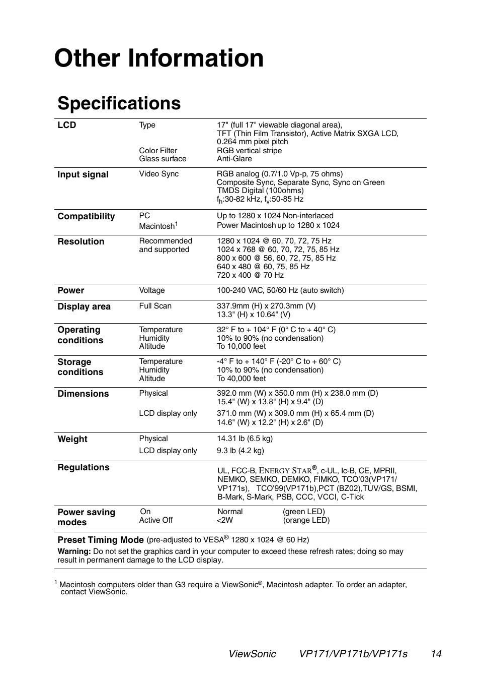 Other information, Specifications | VIEWSONIC VP171 User Manual | Page 15 / 22