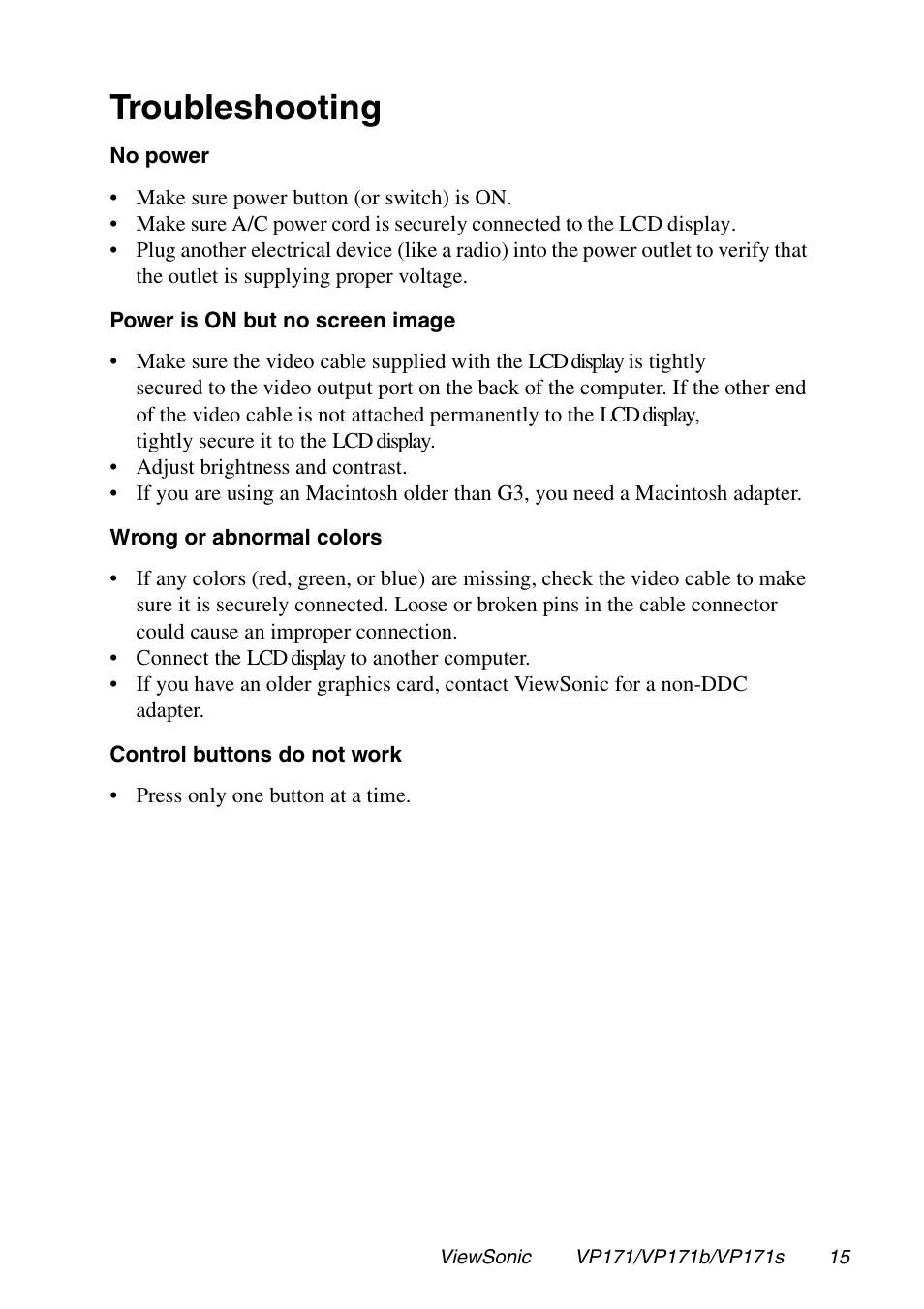 Troubleshooting | VIEWSONIC VP171 User Manual | Page 16 / 22