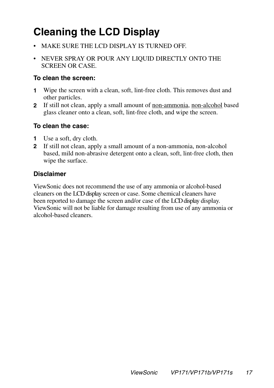 Cleaning the lcd display | VIEWSONIC VP171 User Manual | Page 18 / 22