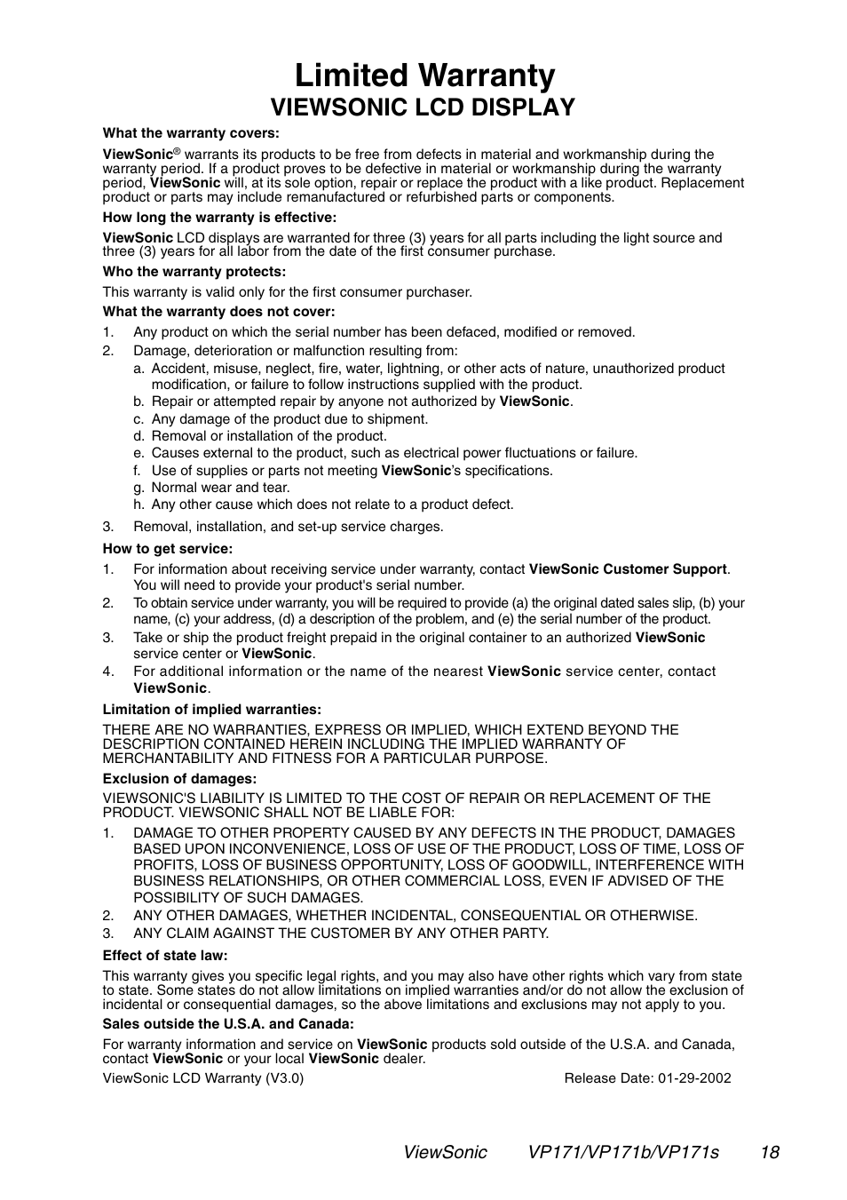 Limited warranty, Viewsonic lcd display | VIEWSONIC VP171 User Manual | Page 19 / 22