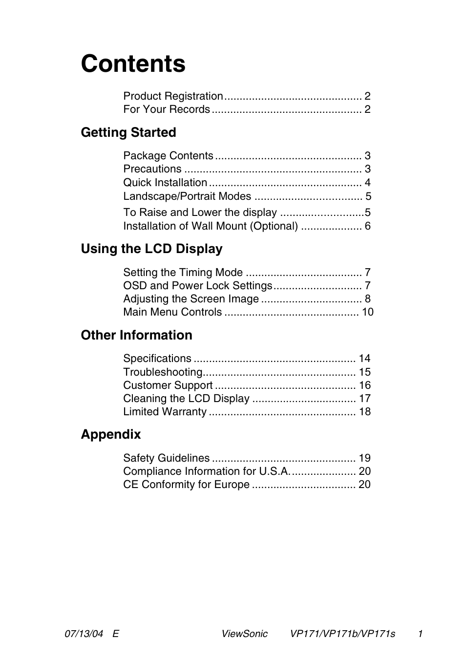 VIEWSONIC VP171 User Manual | Page 2 / 22